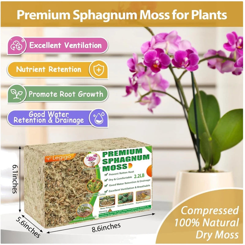 Compressed sphagnum moss for plants, 2.2 lb block in retail bag (Legigo)