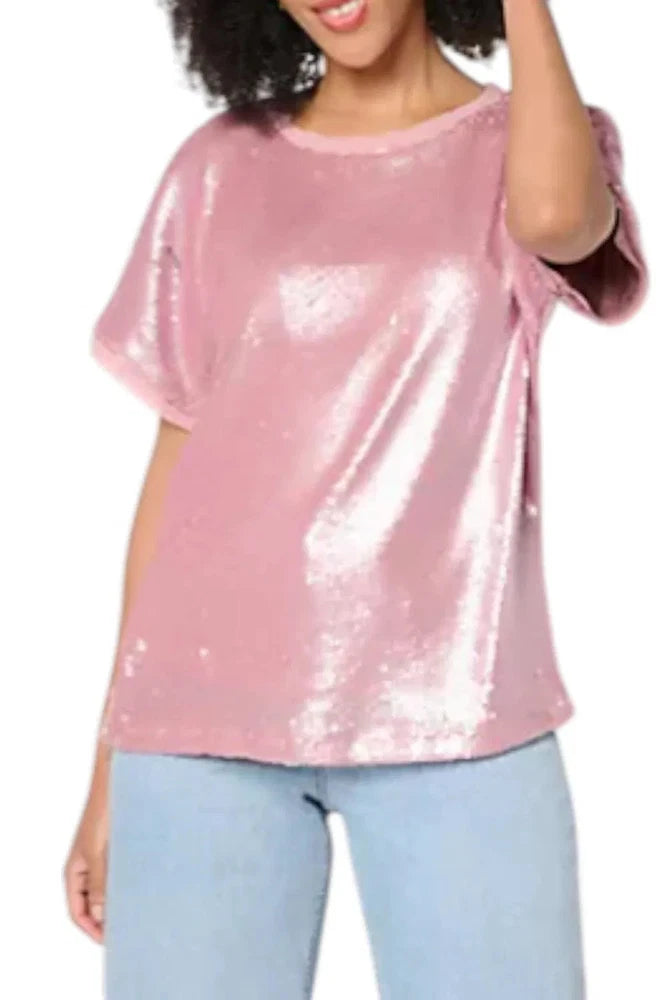 Women's short-sleeve sequin top, shiny pink crew neckline
