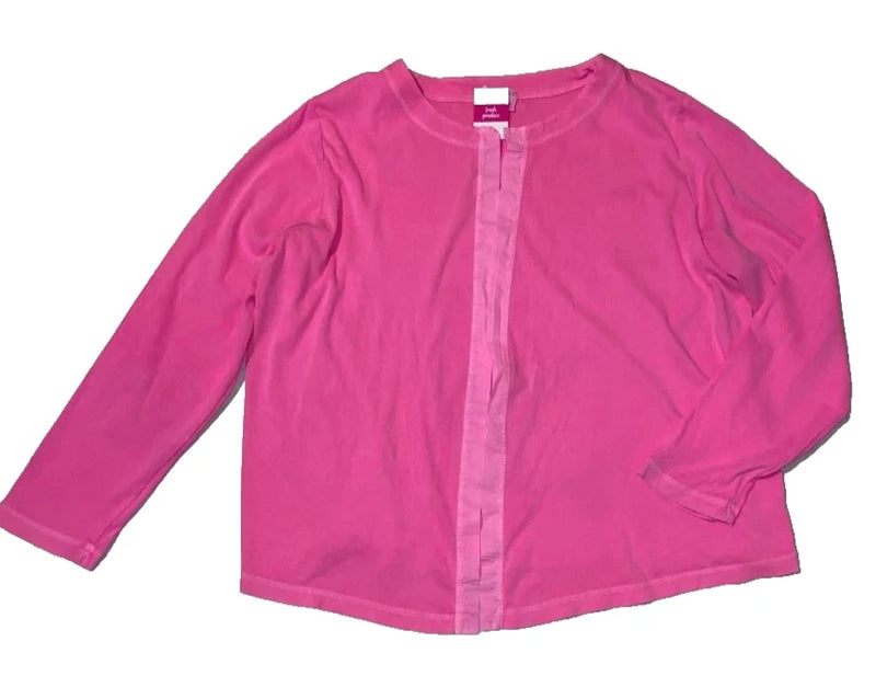 Pink jersey open-front cardigan top with button placket, long sleeves, side pockets