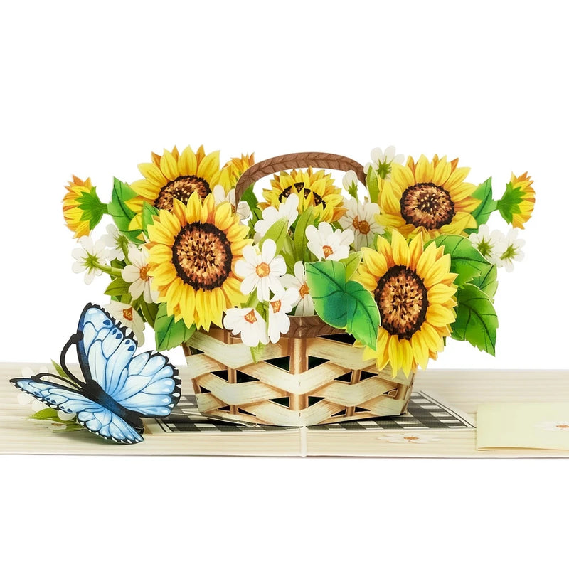 3D pop-up greeting card with sunflower basket and blue butterfly
