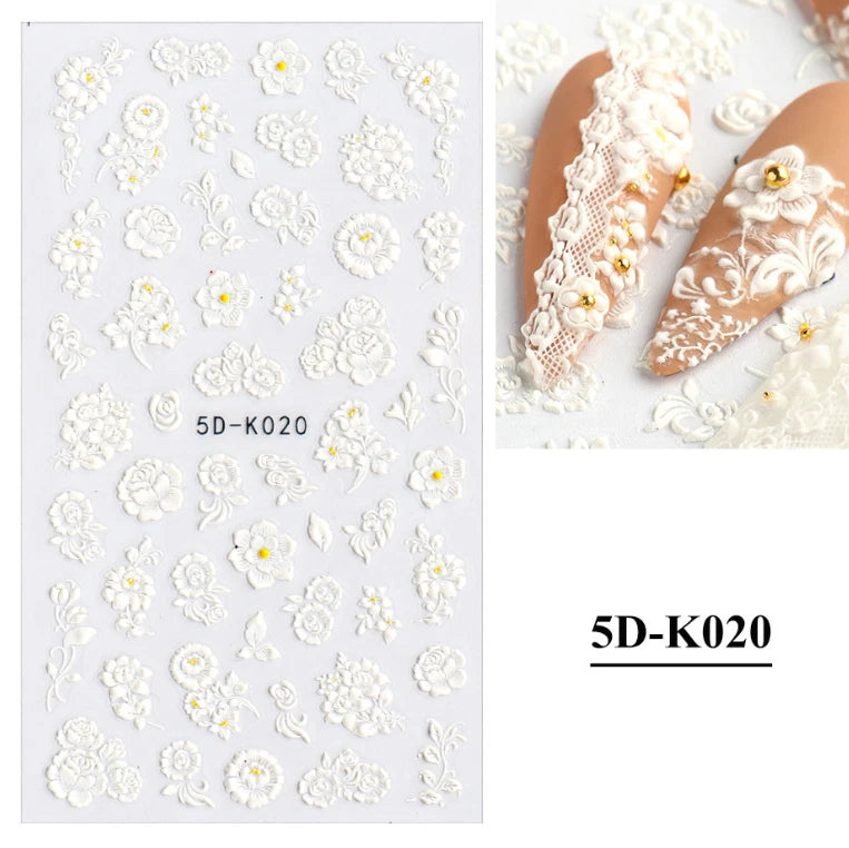 5D Nail Art Decoration White Daisy Flower Wedding Stickers Embossed Decals K20 Daisies
