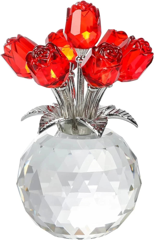 Crystal rose bouquet figurine with red flower petals and clear faceted crystal base