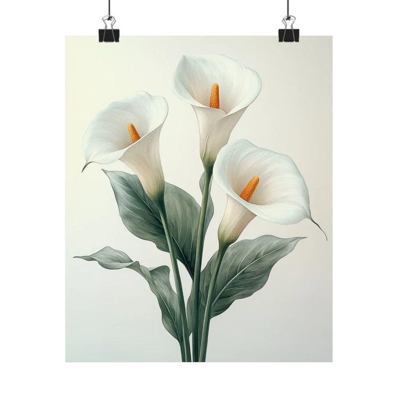 Minimalist calla lily flower art print poster with white blooms and green leaves