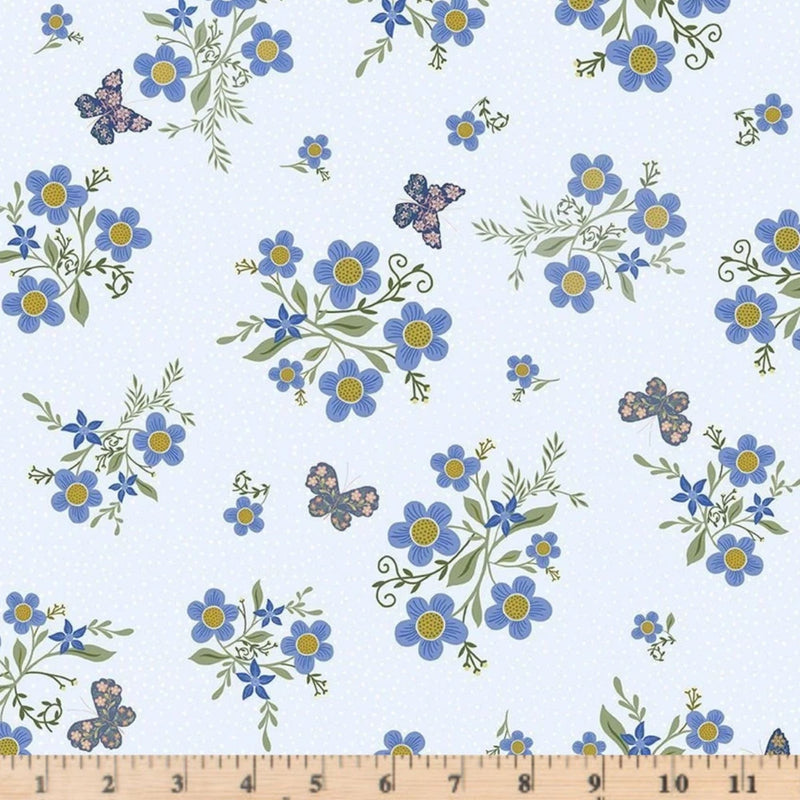 Float Like a Butterfly D3211SKY Dotted Butterflie Floral Spray Half yd cont cuts Flowering Plants