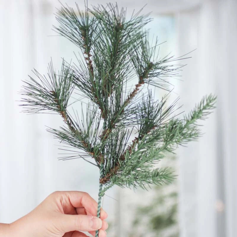 Artificial green pine and cedar floral pick with needle-like branches