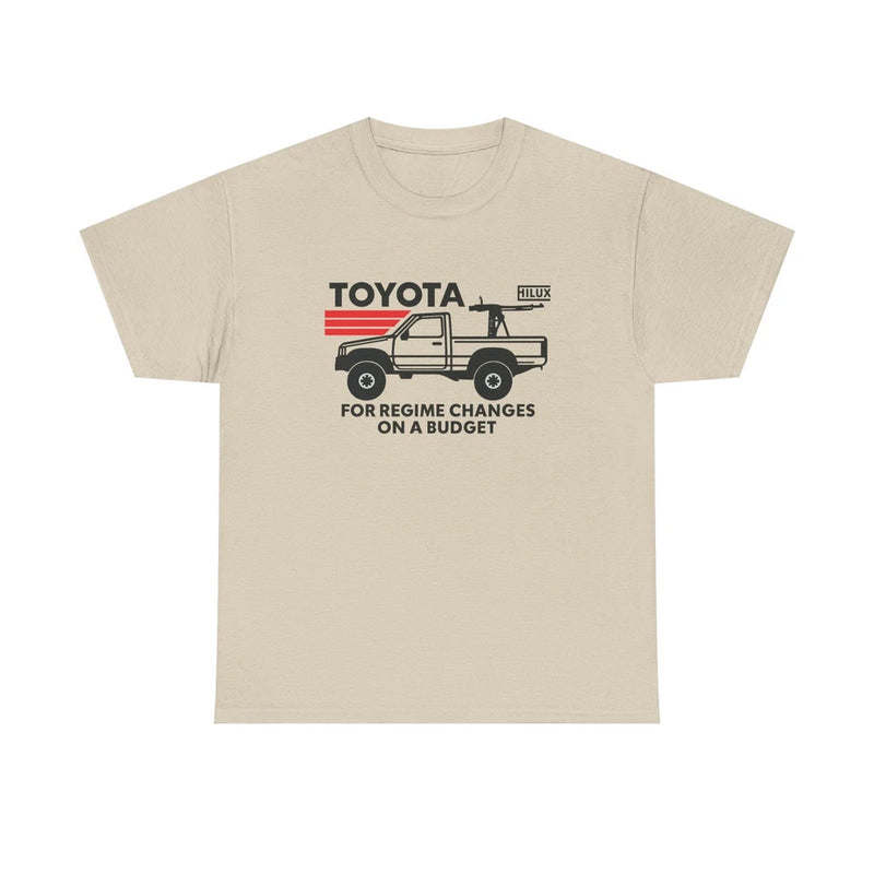 Beige T-shirt with Toyota Hilux truck graphic and text print on chest