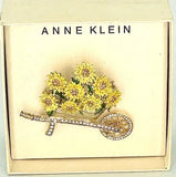 ANNE KLEIN  Barrel Of Sunflowers with diamond Wheel Barrel Brooch Pin Sunflower