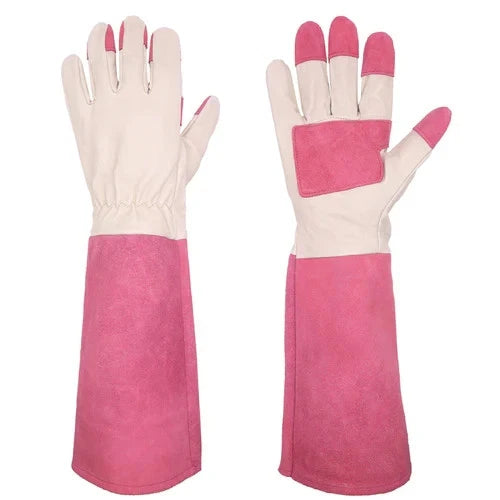 Women’s long gardening leather gloves in pink and white color-block design