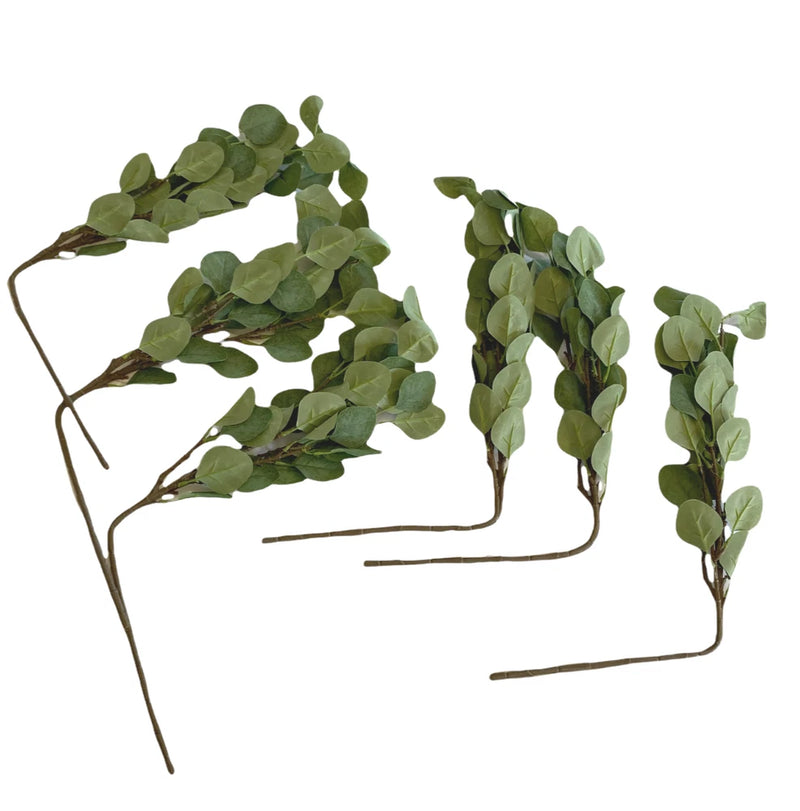 Artificial eucalyptus plant branches, green leaves on thin stems, set of 6