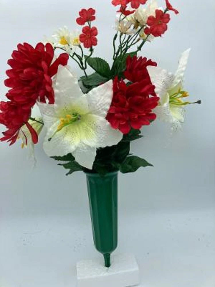 Red and white silk mum and lilly flower bouquet in green vase