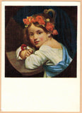 O. Kiprensky 1960 Russian postcard GIRL POPPY WREATH holds Carnation flower Carnation