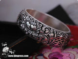 Handmade 999 Fine silver Peony Flower Hollow Bangle Bracelet Jewelry Handcrafted Peony