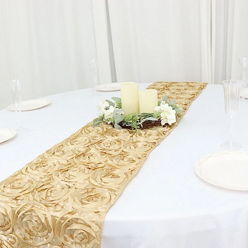 Champagne gold ribbon rose table runner with 3D floral roses, long rectangular runner