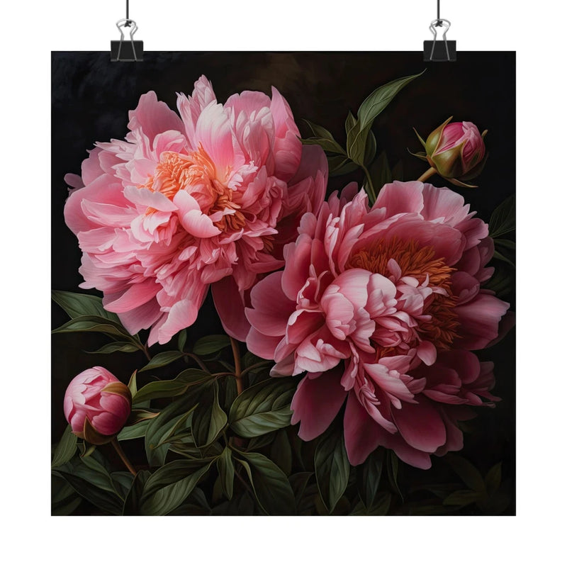 Pink peonies art print with three large pink blooms and curled buds on green stems