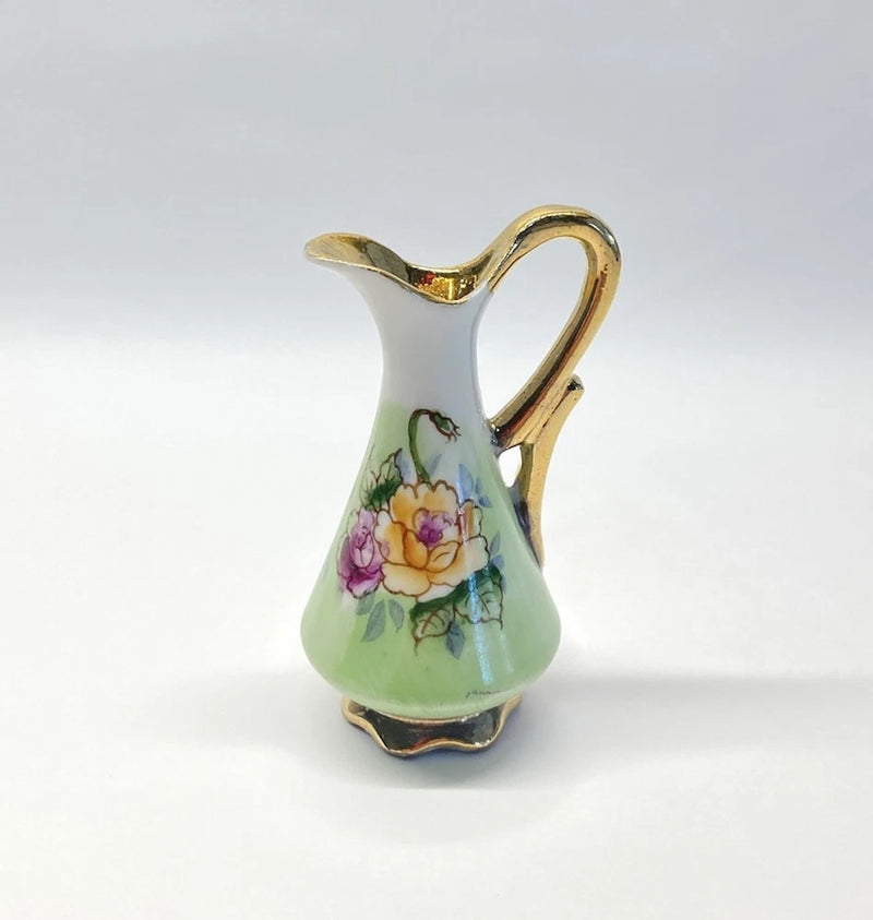 Vintage Ucagco Japan Pitcher Bud Vase 3" Handpainted Floral Carnations Gold Trim Carnation