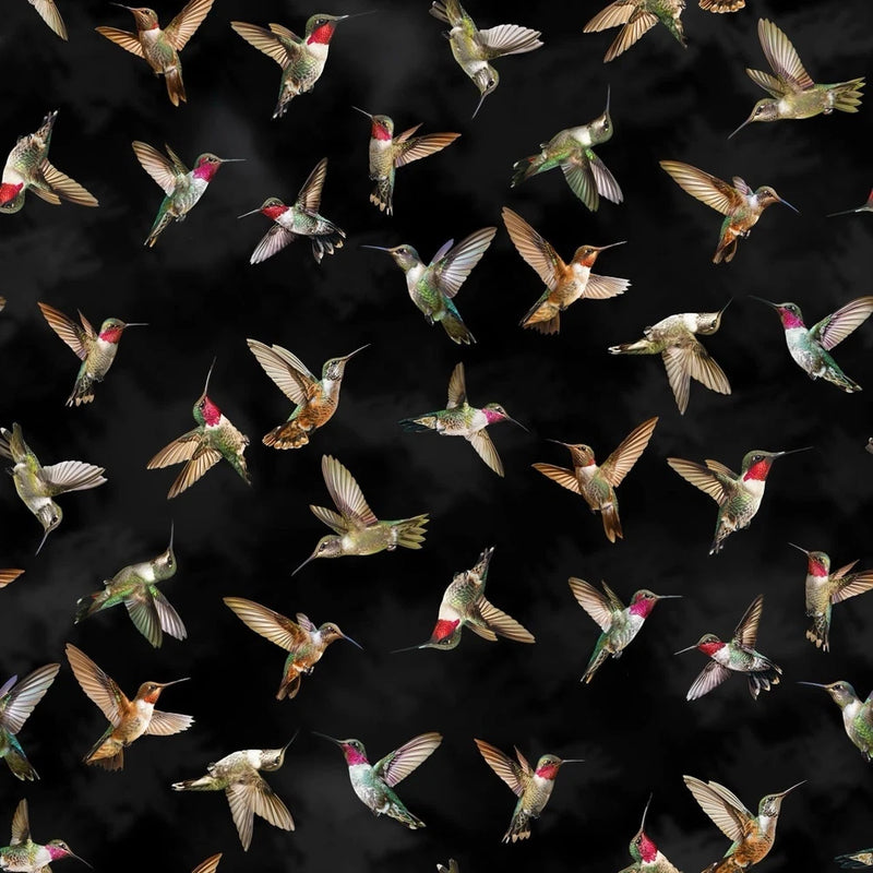 45" Hummingbird Harmony Quilting Fabric, Black Flowering Plants