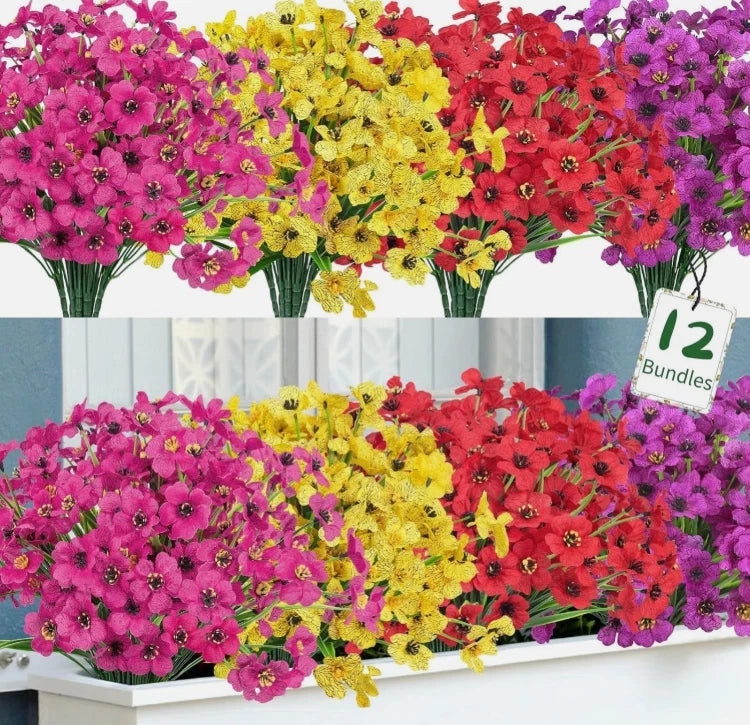 Value-12 Bundles Artificial Flowers for Outdoors 4 Colors Fake Flowers UV Resist Flowering Plants