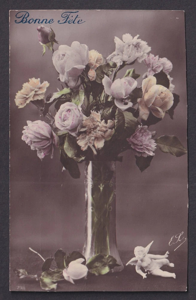 Vintage France postcard roses peonies carnations in vase with cherub circa 1910s Carnation