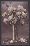 Vintage France postcard roses peonies carnations in vase with cherub circa 1910s Carnation