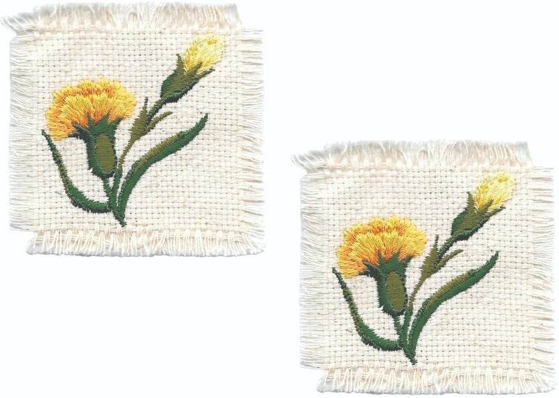 Embroidered carnation sew-on patch pair, yellow-orange flower on white canvas