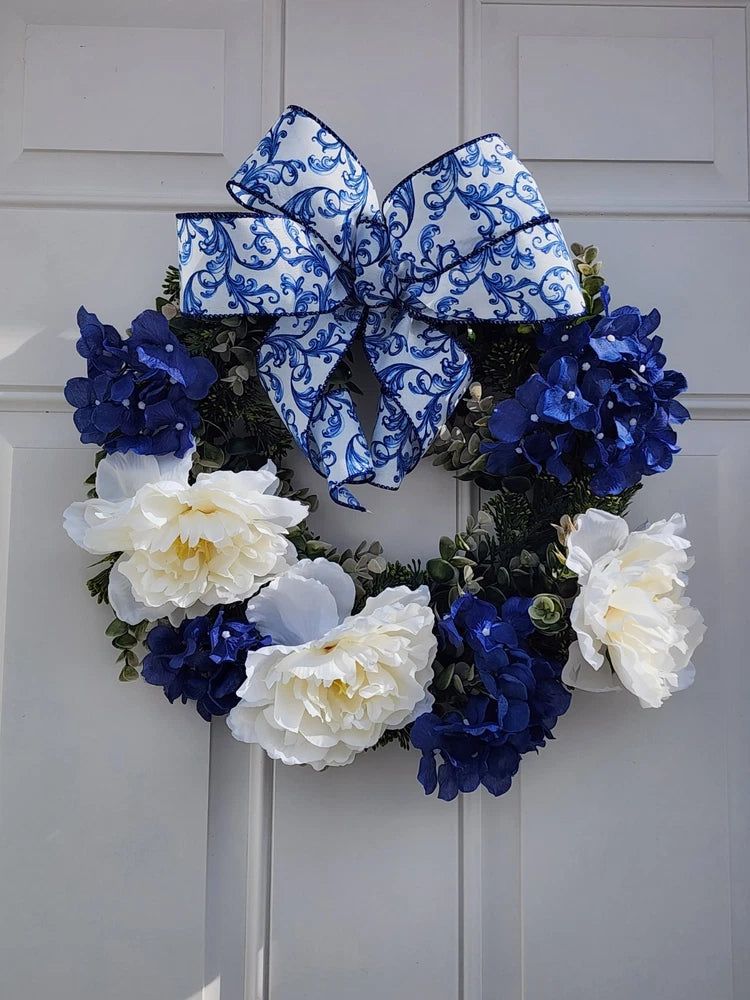 The Skye White_Tipped Greenery Wreath with Cream Peonies & Navy Hydrangea Hydrangea