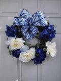 The Skye White_Tipped Greenery Wreath with Cream Peonies & Navy Hydrangea Hydrangea