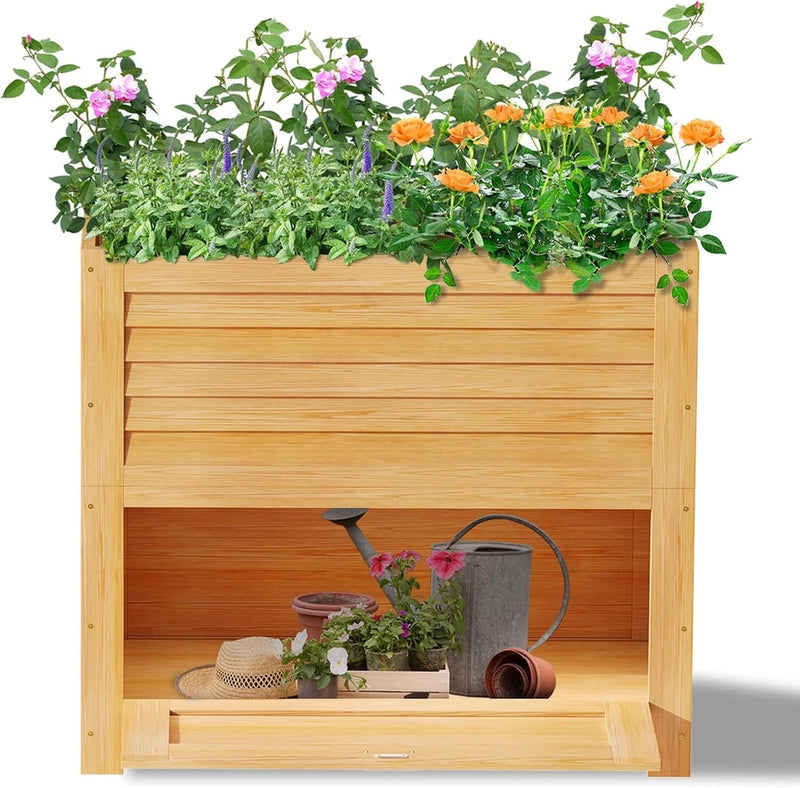Wooden raised garden bed with open storage shelf and flowers on top