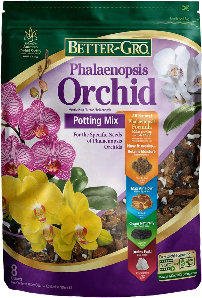 Better-Gro Phalaenopsis Orchid potting mix bag, 8 dry quarts, moisture-retaining formula