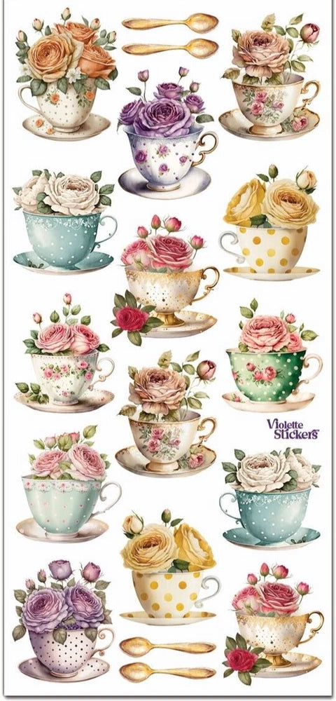 Tea party teacup and roses sticker sheet with teacups, spoons, and floral accents