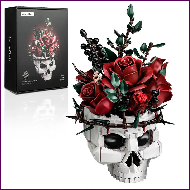 Skull Roses Bouquet Building Set Skeleton Flowers Plant Pot Blocks Horror Gothic Flowering Plants