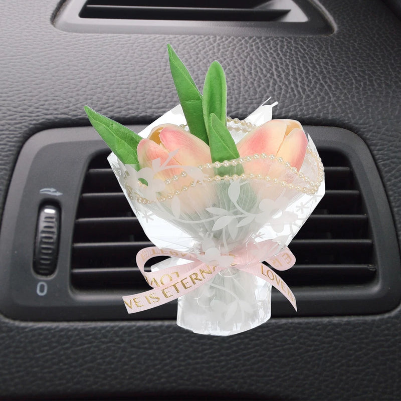 Car air vent clip scent diffuser bouquet with pink rose flowers and green leaves