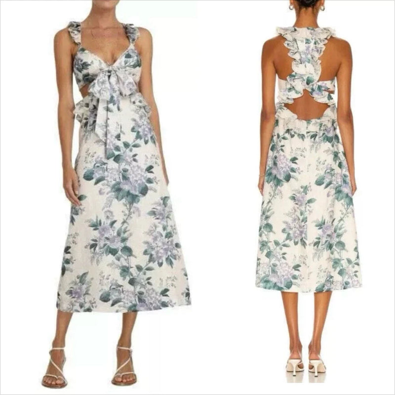 Zimmermann Cassia Ruffle Midi Dress Sz 2 Linen Hydrangea Floral Party Open Back Hydrangea