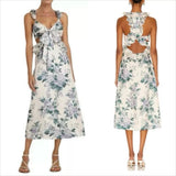 Zimmermann Cassia Ruffle Midi Dress Sz 2 Linen Hydrangea Floral Party Open Back Hydrangea
