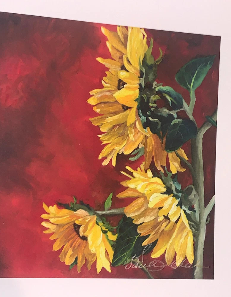 Sunflower watercolor painting print with yellow blooms and green stems, signature at bottom right