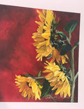 Sunflower Watercolor Painting Print Red Background Artist Signed 6Ósq Matted Sunflower