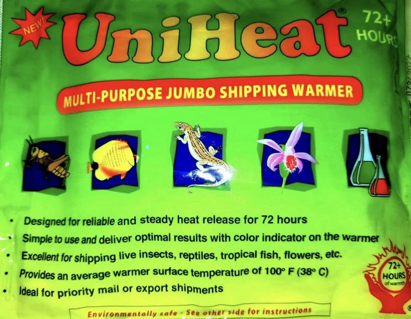 Green 72+ hour shipping warmer pack with brand UniHeat and usage icons