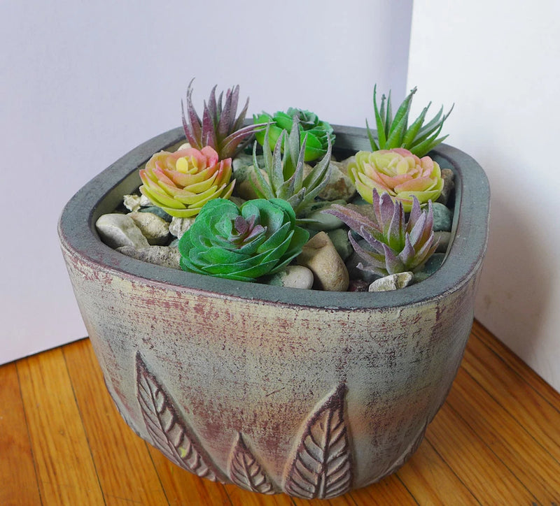 8 Mini Artificial Grass Flocking Rose and aloe Plants (Green Yellow Purple) Green Plant
