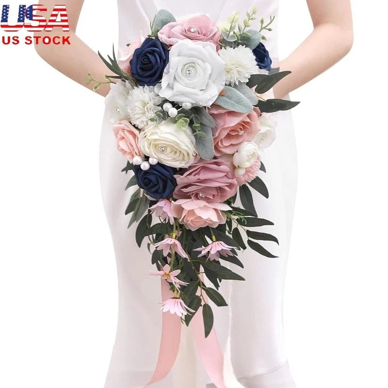 Elegant Wedding Bouquet Silk Roses W/ Satin Ribbon Bridal Showers & Events New Bouquet