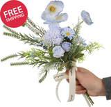 Blue Artificial Flowers Bouquet 16 Inch Faux Silk Poppy Hydrangea Realistic Hydrangea