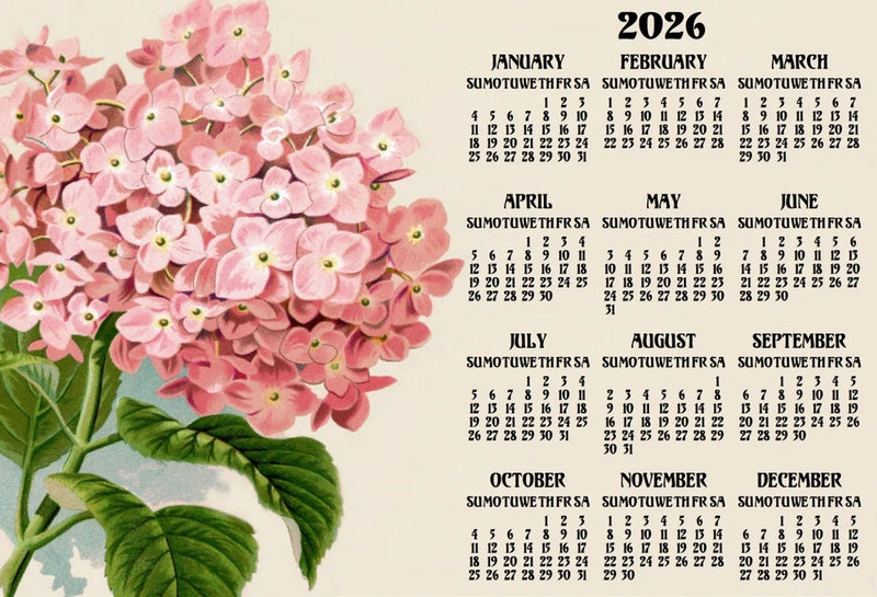 HYDRANGEA FLOWER FLORAL PINK YEARLY OFFICE KITCHEN FRIDGE 2026 CALENDAR MAGNET Hydrangea