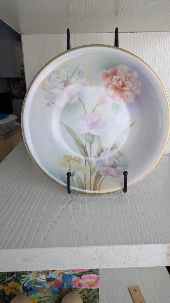 Antique floral porcelain bowl with gold rim, hand-painted pastel flowers