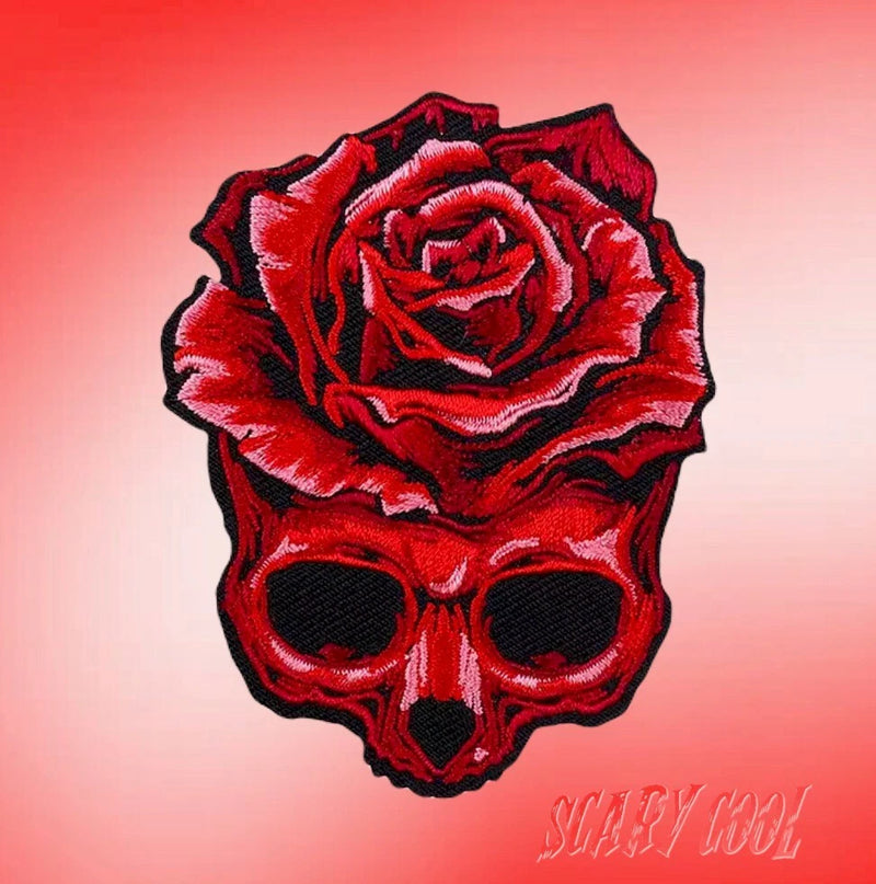 New Skull Flower Roses Gothic Embroidered Biker Iron On Patch Roses
