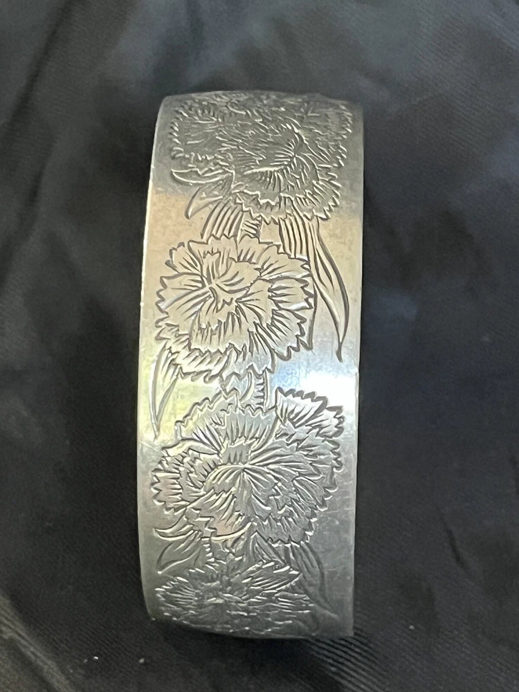 Vintage Kirk Stieff Pewter Carnation Cuff Bracelet Flower of The Month January Carnation