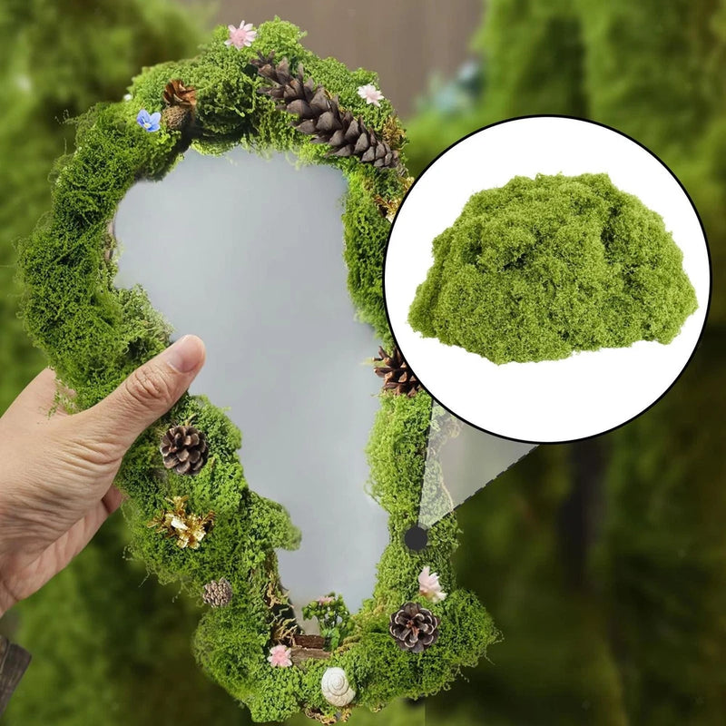 Artificial faux moss wreath for fairy garden, dense bright green textured foliage