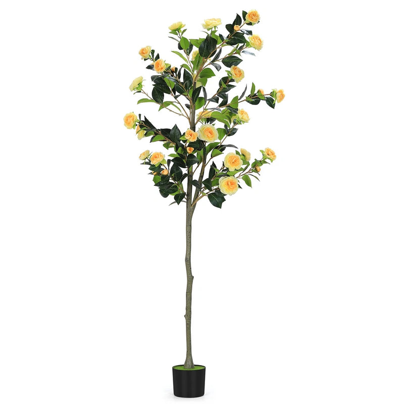 6FT Artificial Camellia Tree, Realistic Yellow Fake Elegant Plant Indoor Plants Flowering Plants