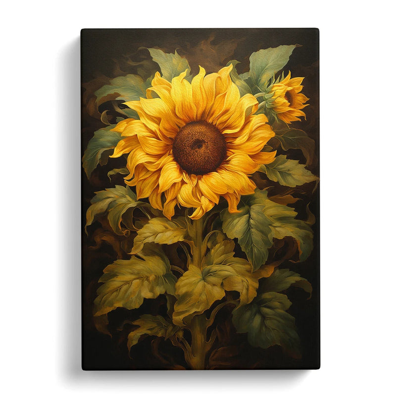 Framed sunflower canvas wall art with large yellow bloom and green leaves on dark background