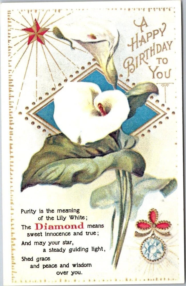 Vintage birthday postcard featuring a white dove holding a blue diamond and lilies with “Happy Birthday to You”