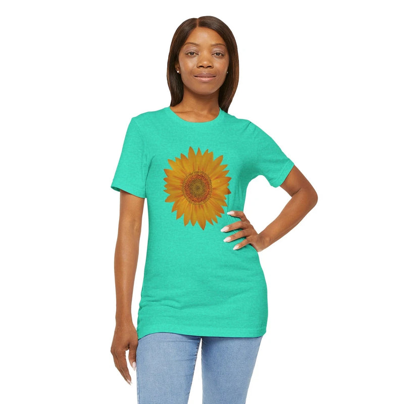 Turquoise crewneck T-shirt with bright sunflower graphic on front
