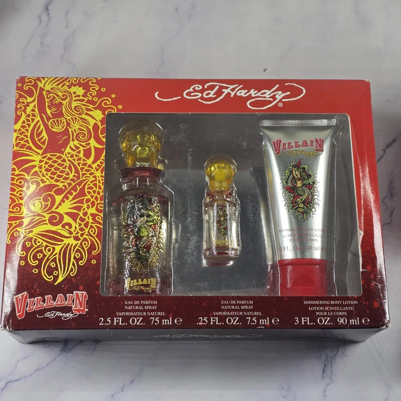 Ed Hardy VILLAIN Christian Audigier 75ml Edp Spray+7.5ml+body Lotion Gift Set EDP