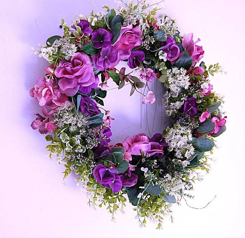 Queen Anne's Lace Roses and Pansies Silk Floral Wreath- JaNice Botanicals Hydrangea